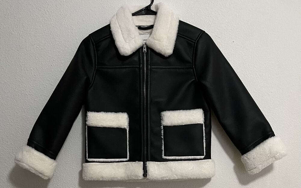 Abercrombie Kids Boys Black/White Leather Jacket Faux Fur Trim Zip Size 9/10
